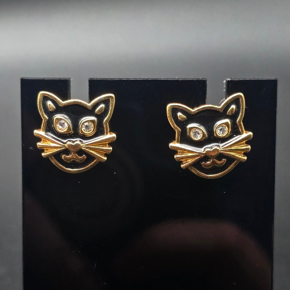 Avon 1993 Precious Cat Earrings Black Cat Halloween Stud Pierced Vintage